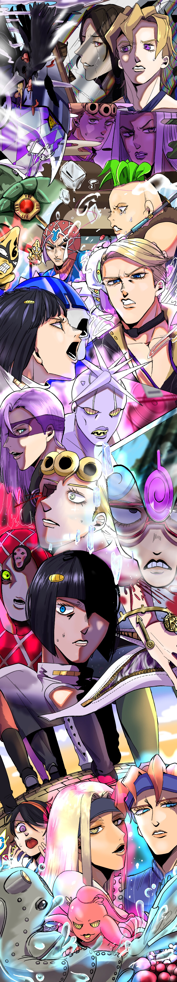 418monami absurdres aura beach_boy_(stand) bird blood bruno_bucciarati bullet clash_(stand) coco_jumbo crow crying fishing_rod formaggio ghiaccio giorno_giovanna guido_mista highres ice ice_cube illuso jojo_no_kimyou_na_bouken leone_abbacchio long_image melone mr.president_(stand) narancia_ghirga pannacotta_fugo pesci prosciutto purple_haze_(stand) sex_pistols_(stand) shark squalo stand_(jojo) sticky_fingers_(stand) talking_head_(stand) tall_image tears the_grateful_dead_(stand) tiziano tongue tongue_out vento_aureo walking white_album_(stand) zipper