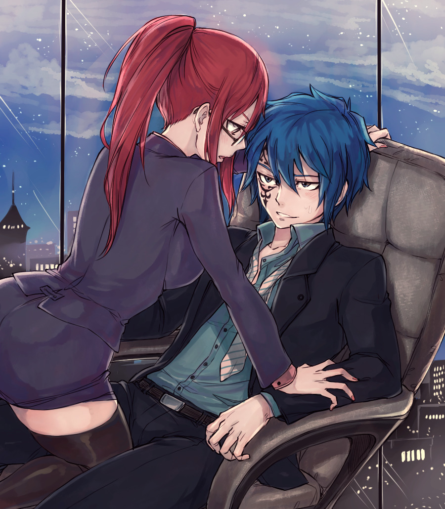 1boy 1girl blue_hair chair collared_shirt commentary english_commentary erza_scarlet eye_contact facial_tattoo fairy_tail glasses hair_between_eyes jellal_fernandes leg_between_thighs looking_at_another necktie night night_sky on_chair ponytail red_hair red_nails rusky shirt short_hair sidelocks skirt sky smile tattoo thighhighs undone_necktie