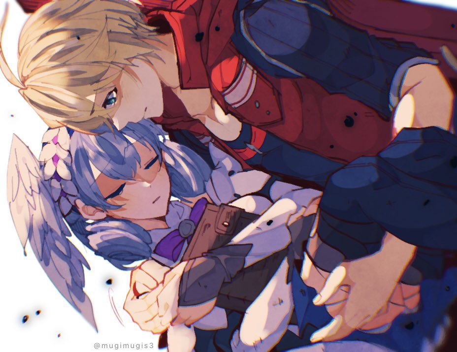 blonde_hair blue_eyes book carrying grey_hair melia_antiqua mugimugis princess_carry shulk_(xenoblade) sleeping wings xenoblade_chronicles:_future_connected xenoblade_chronicles_(series) xenoblade_chronicles_1