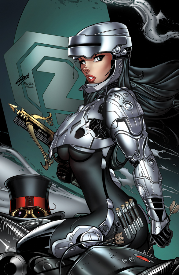 1girl arrow_(projectile) artist_collaboration assault_visor black_bodysuit black_gloves black_hair black_hat bodysuit bow_(weapon) breasts comic_cover commentary cosplay crossbow english_commentary gloves hat helmet holding holding_arrow holding_crossbow holding_weapon liesel_van_helsing long_hair looking_to_the_side medium_breasts official_art parted_lips paul_green robocop robocop_(character) robocop_(character)_(cosplay) signature smoke solo top_hat ula_mos unworn_hat unworn_headwear van_helsing_(zenescope) weapon western_comics_(style)