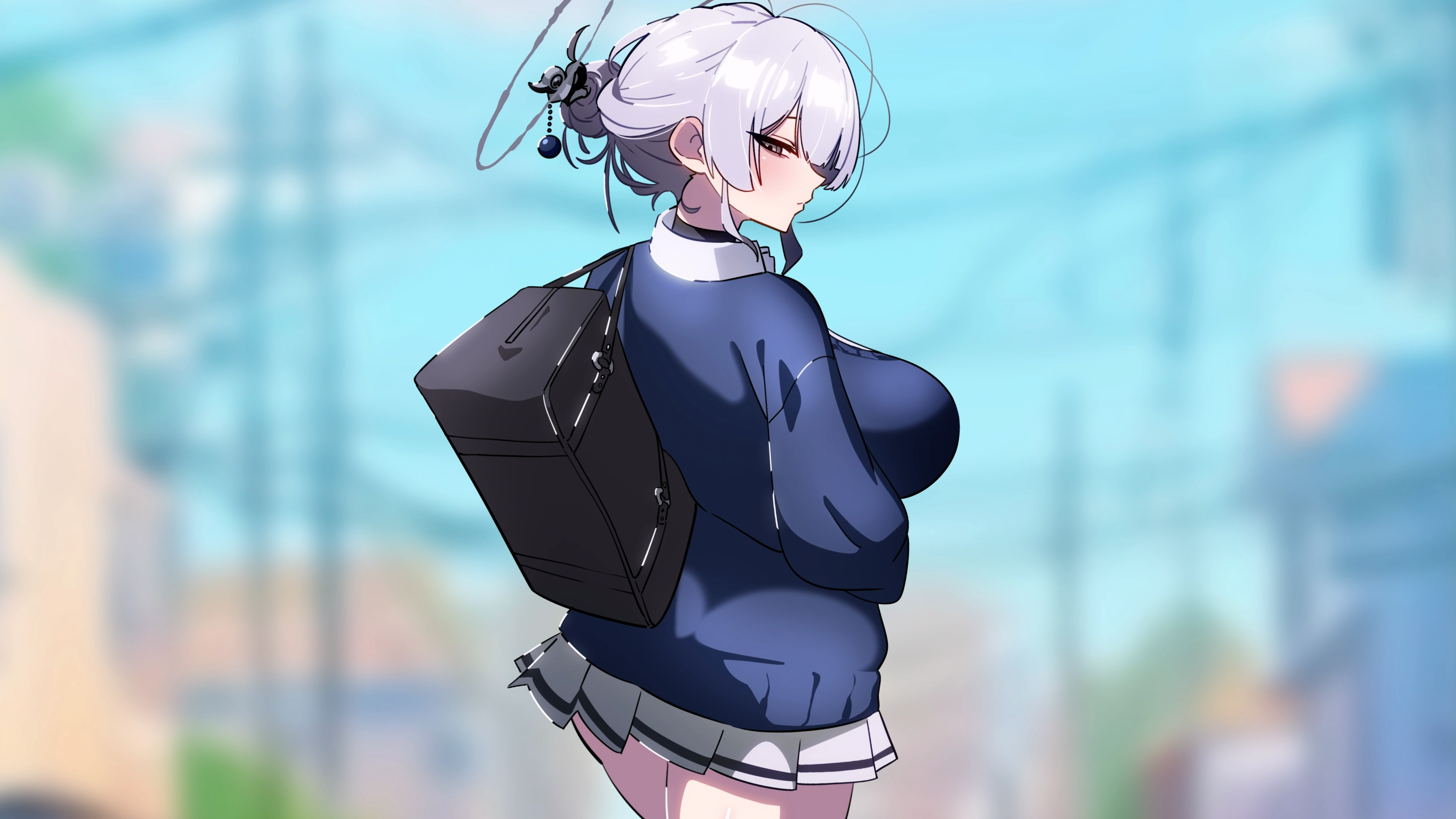 1girl absurdres bag blue_cardigan breasts cardigan grapeanime grey_eyes grey_halo hair_up halo highres itokonoue_kaoru long_sleeves pleated_skirt project_kv shoulder_bag skirt solo white_skirt