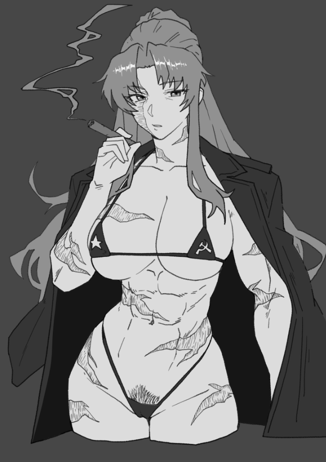 1girl abs balalaika_(black_lagoon) bikini black_lagoon breasts cameltoe cigar collarbone commentary cowboy_shot cropped_legs curtained_hair eightgin facial_scar female_pubic_hair grey_background greyscale hammer_and_sickle hammer_and_sickle_bikini holding holding_cigar jacket large_breasts long_hair looking_at_viewer micro_bikini monochrome multiple_scars muscular muscular_female navel parted_bangs parted_lips pubic_hair scar scar_across_eye scar_on_arm scar_on_breasts scar_on_cheek scar_on_face scar_on_leg scar_on_neck scar_on_stomach scars_all_over simple_background smoking solo star_(symbol) swimsuit too_many
