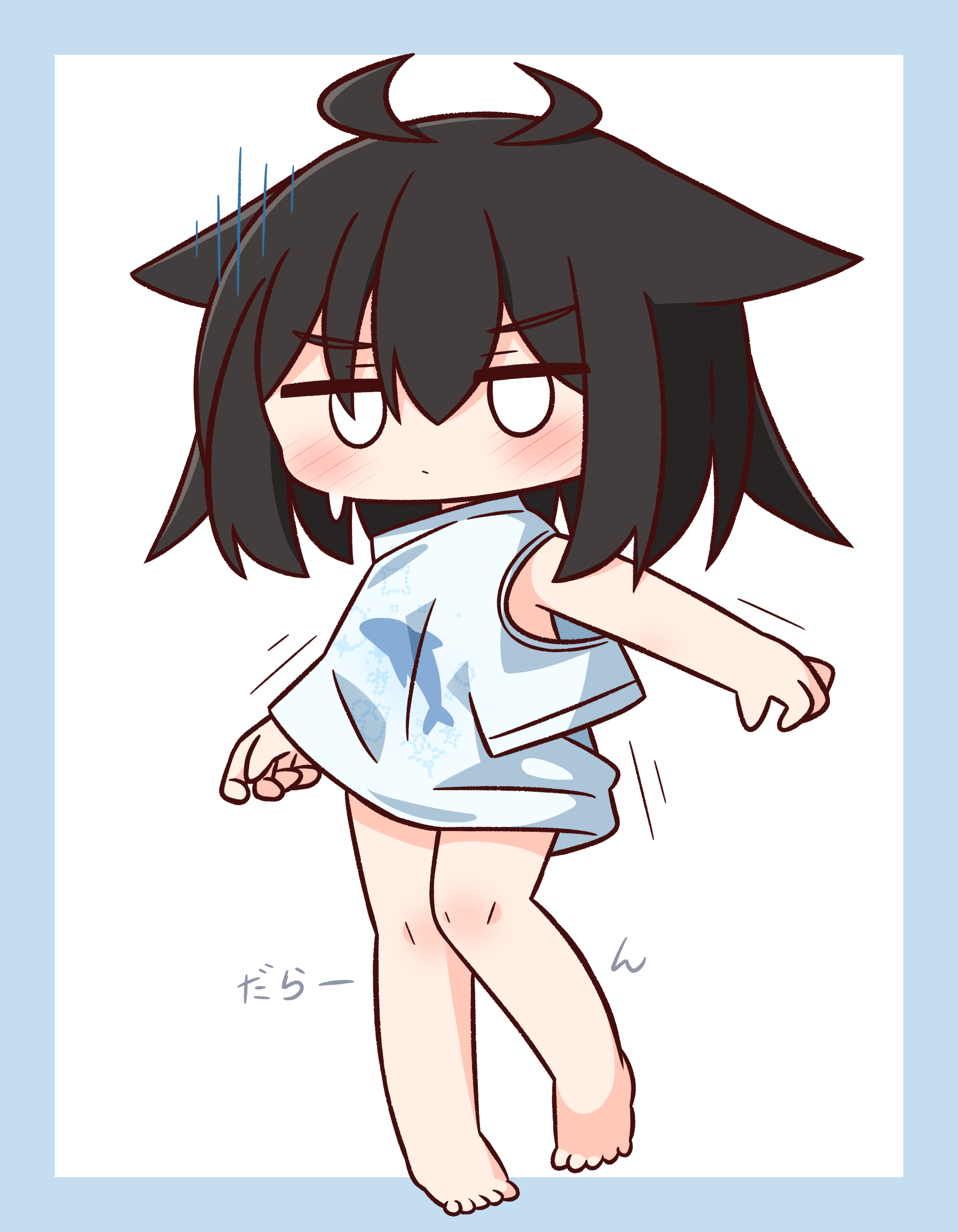 1girl bare_arms barefoot black_hair blank_eyes blue_border blush border chibi closed_mouth full_body hair_between_eyes hana_kazari highres looking_at_viewer original shirt short_sleeves solo standing standing_on_one_leg sweat translation_request v-shaped_eyebrows wardrobe_error white_background white_shirt
