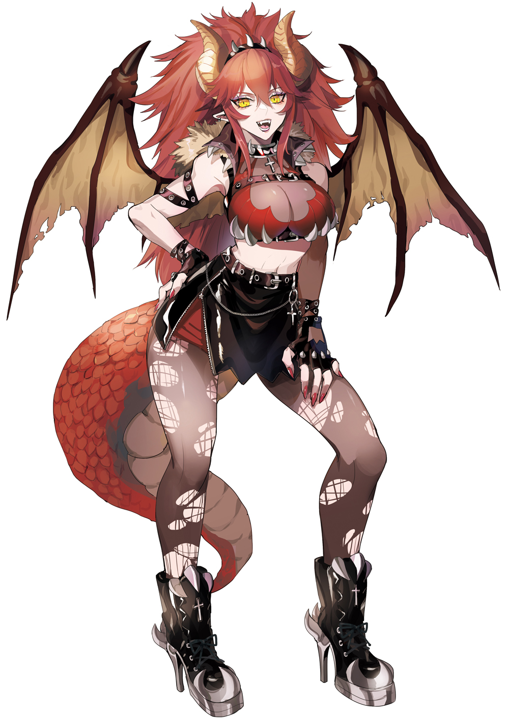 1girl black_gloves black_skirt breasts cleavage dragon_girl dragon_horns earrings fingerless_gloves full_body gloves highres horns jewelry large_breasts leotard long_hair looking_at_viewer nail_polish pantyhose puppeteer7777 red_hair red_nails skirt solo torn_clothes torn_pantyhose virtual_youtuber vshojo wings yellow_eyes zentreya zentreya_(dragon) zentreya_(dragon)_(1st_costume)