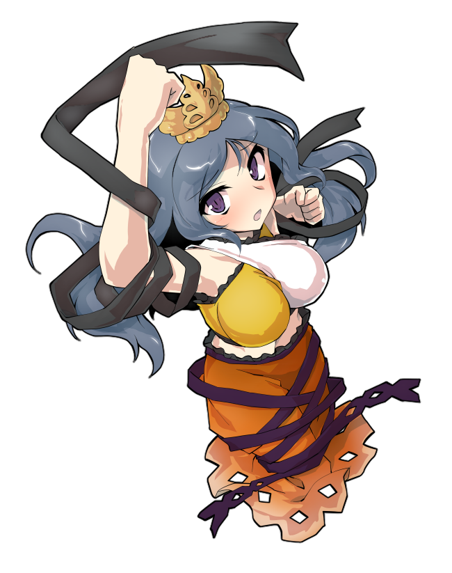 1girl arm_up black_ribbon blue_hair breasts chirizuka_ubame clenched_hand crown dairi double-parted_bangs dress flustered fossilized_wonders frilled_skirt frills from_above full_body headpiece long_hair midriff_peek multicolored_dress narrowed_eyes nipples open_mouth orange_skirt outstretched_arm purple_eyes purple_ribbon ribbon skirt solo sparkling_eyes surprised tachi-e touhou worried