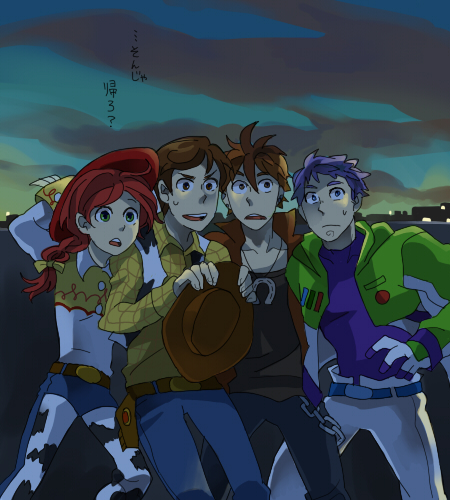 1girl 3boys animal_print belt_buckle blue_hair brown_eyes brown_hair buckle bullseye_(toy_story) buzz_lightyear cloud cow_print cowboy cowboy_hat cowboy_western denim_pants feet_out_of_frame gloves green_eyes hat horseshoe_ornament humanization jacket jessie_the_yodeling_cowgirl long_hair low-tied_long_hair lowres multiple_boys night outdoors pants purple_hair red_hair sheriff_woody short_hair sky standing sweatdrop toy_story toy_story_2 translation_request unworn_headwear vest western white_pants