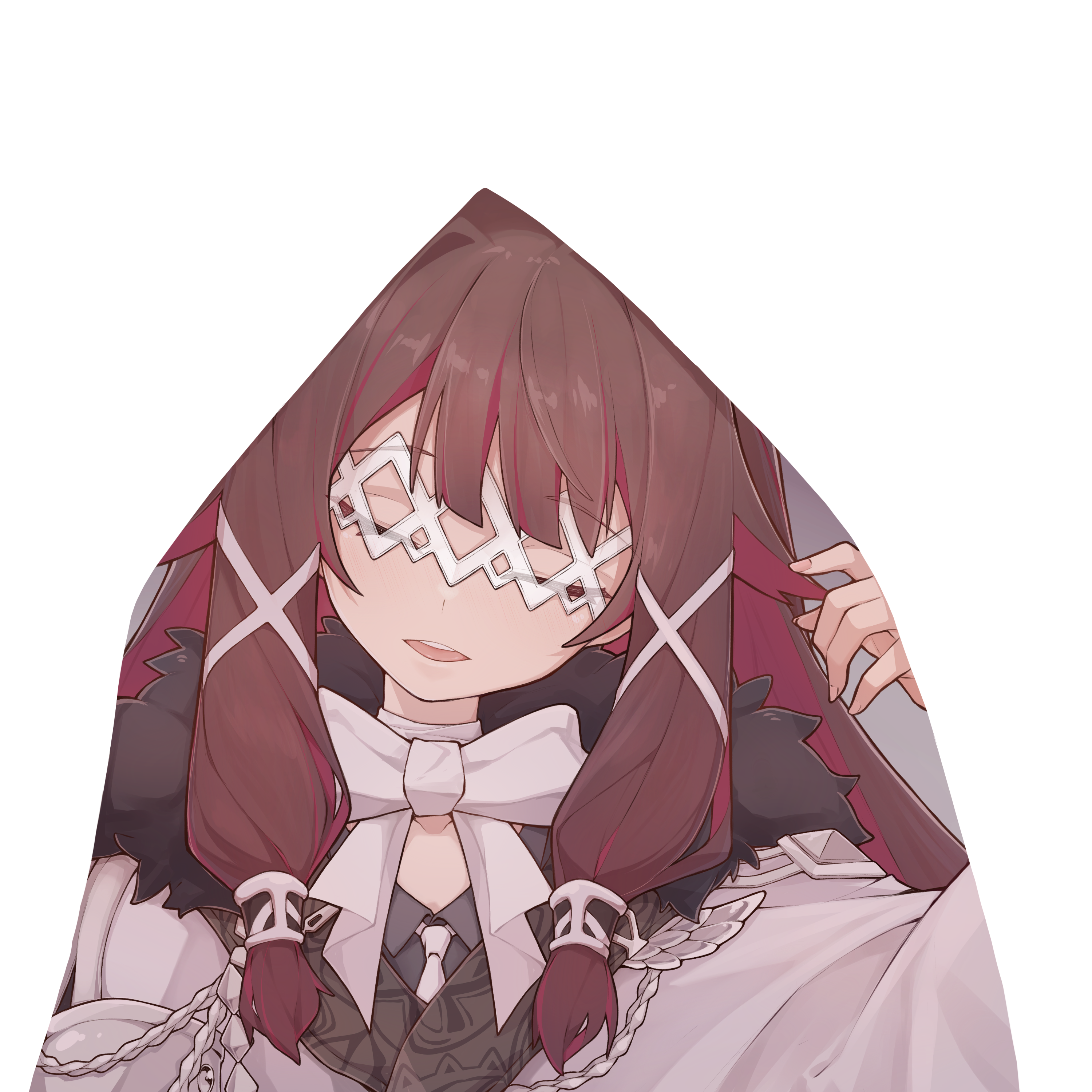 1girl absurdres black_hair closed_eyes coat columbina_(genshin_impact) dress eye_mask fatui_coat fur-trimmed_coat fur_trim genshin_impact hair_ornament head_wings highres long_hair mmhomm multicolored_hair pink_hair ribbon smile solo streaked_hair teeth two-tone_hair upper_teeth_only white_mask wings