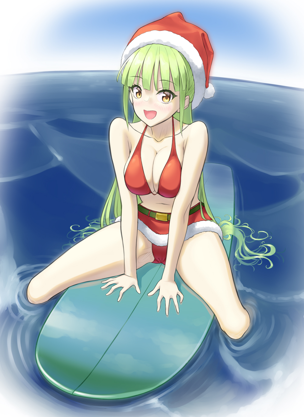 1girl azur_lane bikini breasts christmas cleavage danbora green_hair hat highres long_hair looking_at_viewer medium_breasts santa_bikini santa_costume santa_hat shropshire_(azur_lane) sitting spread_legs surfboard swimsuit tagme water yellow_eyes