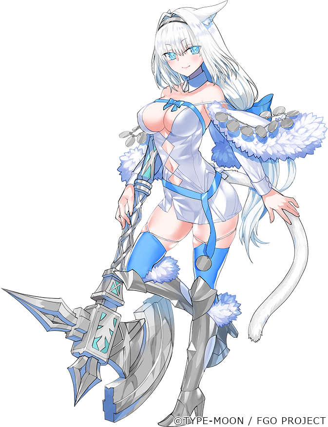 1girl animal_ear_fluff animal_ears argyle_clothes argyle_cutout armored_boots axe bare_shoulders blue_bow blue_eyes blue_ribbon blue_thighhighs blush boots bow breasts cat_ears cat_girl cat_tail cleavage clothing_cutout detached_collar detached_sleeves dobrynya_nikitich_(fate) dobrynya_nikitich_(second_ascension)_(fate) dress fate/grand_order fate_(series) full_body fur_trim hair_bow hairband knee_boots large_breasts long_hair looking_at_viewer low_ponytail navel official_art ponytail ribbon robina short_dress smile tail thighhighs transparent_background white_dress white_hair
