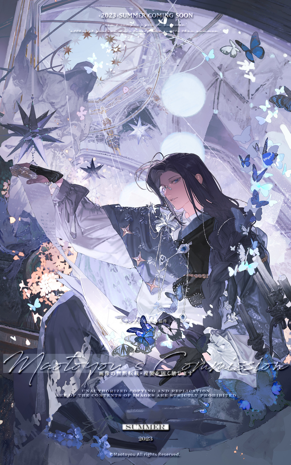 1boy arch armillary_sphere black_cloak black_gloves black_hair blue_butterfly blue_cloak blue_eyes blue_gemstone book braid brooch bug butterfly candelabra candle candlestand clarence_clayden clarence_clayden_(godheim) cloak curtained_hair feet_out_of_frame flower flower_brooch from_side gem gloves hair_over_shoulder hand_up highres holding holding_scroll indoors insect jewelry long_hair long_sleeves looking_at_viewer looking_to_the_side lovebrush_chronicles low-braided_long_hair low-tied_long_hair male_focus mobile mole mole_under_eye monocle nickel_nike official_alternate_costume open_book orange_flower parted_bangs parted_lips partially_fingerless_gloves puffy_long_sleeves puffy_sleeves scroll shirt sideways_glance single_braid sitting skylight small_stellated_dodecahedron solo statue two-tone_cloak watermark white_shirt