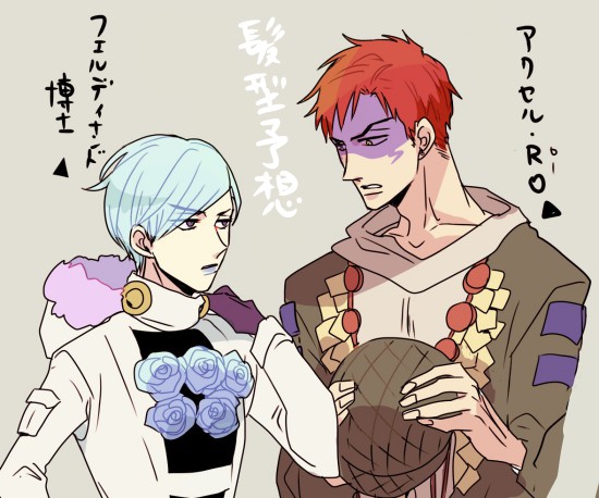 2boys axl_ro blue_hair blue_lips doctor_ferdinand facepaint gloves hat unworn_hat unworn_headwear holding_helmet hood hood_down hood_removed jojo_no_kimyou_na_bouken lipstick makeup mizota_(rovel) multiple_boys red_hair steel_ball_run translation_request