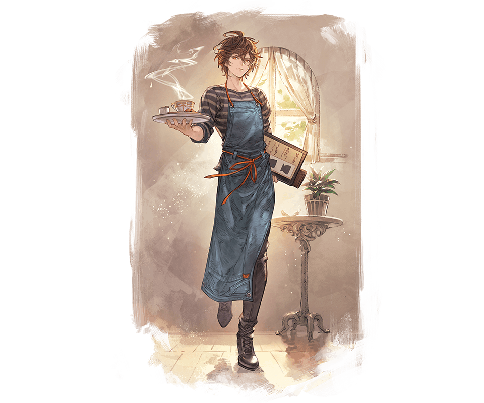 1boy ahoge apron arm_up belt bishounen black_footwear black_pants blue_apron brown_hair cafe cup curtains denim disposable_cup downscaled dress_shoes full_body granblue_fantasy hair_between_eyes holding holding_tray light_smile looking_at_viewer male_focus menu minaba_hideo official_alternate_costume official_art pants plant potted_plant red_eyes resized sandalphon_(granblue_fantasy) shirt steam striped_clothes striped_shirt table teacup tray walking window