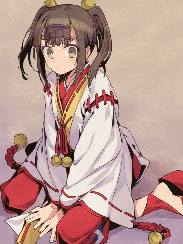 1girl bell braid brown_eyes brown_hair hair_bell hair_ornament hakama hakama_skirt japanese_clothes kajiri_kamui_kagura long_hair long_sleeves mikado_ryuusui shinza_bansho_series skirt tenkuu_sphere twintails