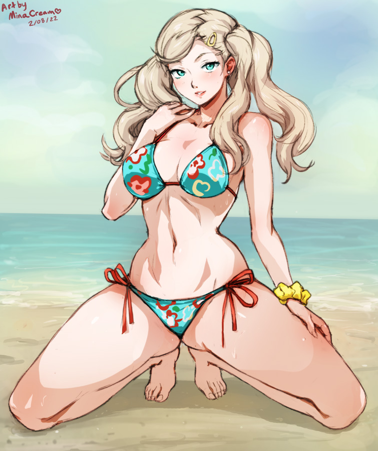 1girl artist_name barefoot beach bikini blonde_hair blue_eyes blush breasts commentary dated day english_commentary full_body hair_ornament hairclip kneeling large_breasts long_hair looking_at_viewer mina_cream narrow_waist navel nipples ocean persona persona_5 photoshop_(medium) smile solo spread_legs swimsuit takamaki_anne toenails toes twintails variant_set