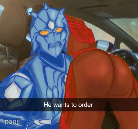 2boys armor ass ass_focus blue_armor caption car he_wants_to_order_(meme) ipanji kamen_rider kamen_rider_den-o_(series) leaning_over_person looking_at_viewer male_focus meme momotaros monster monster_boy motor_vehicle multiple_boys oni orange_eyes red_armor redrawn selfie turtle urataros