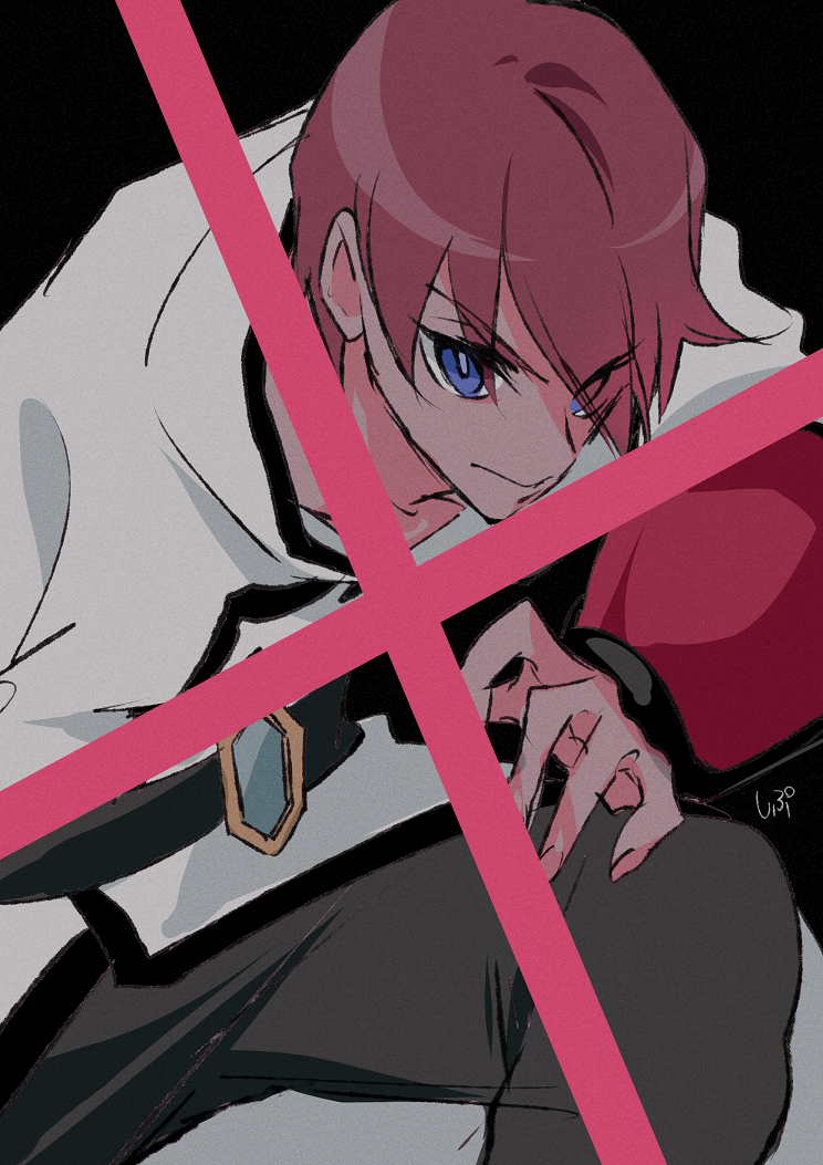 1boy alternate_eye_color belt black_background black_belt blue_eyes braid closed_mouth coat collared_coat cowboy_shot eyes_visible_through_hair fingernails grey_pants hair_over_one_eye hand_on_own_thigh happinesscharge_precure! layered_sleeves leaning_forward long_sleeves on_one_knee pants precure puffy_long_sleeves puffy_sleeves red_(happinesscharge_precure!) red_hair red_sleeves shipu_(gassyumaron) short_hair short_over_long_sleeves short_sleeves signature single_braid solo tsurime white_coat