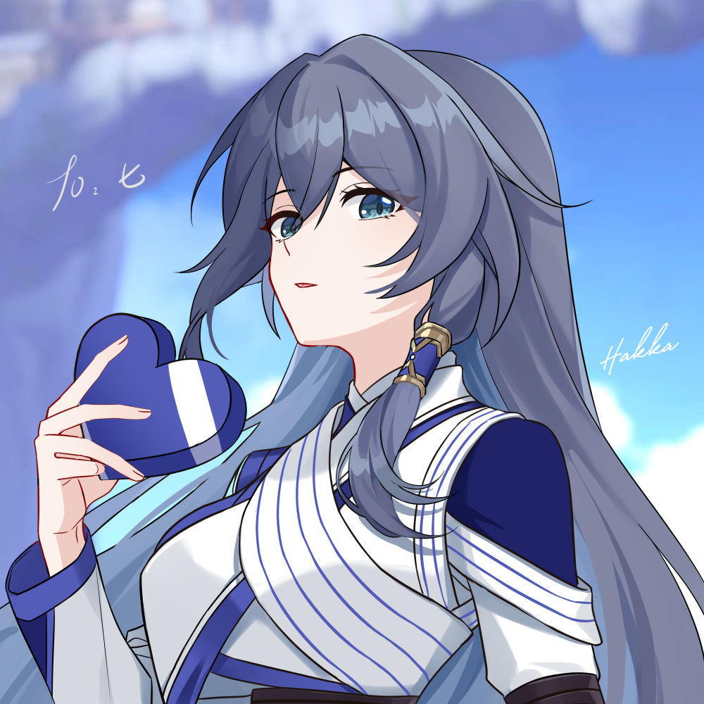 1girl blue_eyes box character_request cloud grey_hair hair_tubes hakka_0922 heart-shaped_box holding holding_box honkai_(series) honkai_impact_3rd long_hair parted_lips signature sky solo upper_body