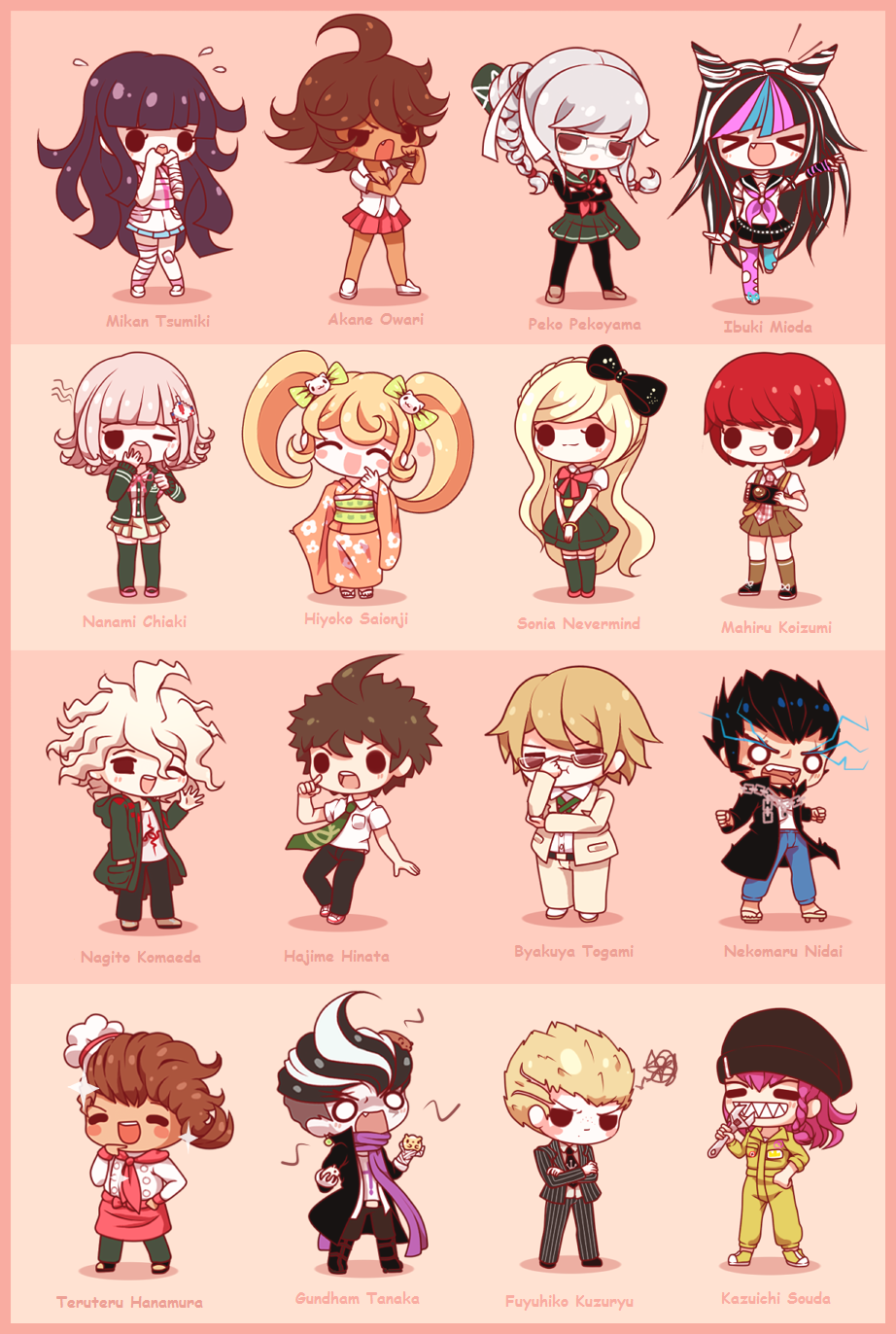 &gt;_&lt; 6+boys 6+girls ahoge animal arm_up asymmetrical_legwear bandaged_arm bandaged_leg bandages bandaid bandaid_on_leg beanie black_bow black_gloves black_hair black_hat black_jacket black_necktie black_pants black_shirt blonde_hair blue_hair blue_pants blunt_bangs blush blush_stickers bow braid brown_hair camera chain cham-p character_name checkered_necktie chef_hat chibi clenched_hand closed_eyes closed_mouth commentary danganronpa_(series) danganronpa_2:_goodbye_despair dark-skinned_female dark-skinned_male dark_skin denim dress earrings elbow_gloves electricity english_commentary fangs fingerless_gloves floral_print flying_sweatdrops full_body galaga glasses gloves green_bow green_dress green_jacket green_necktie green_skirt grey_hair grey_sailor_collar grey_skirt hair_bow hair_horns hair_ornament hairclip hamster hanamura_teruteru hand_in_pocket hat heart highres hinata_hajime holding holding_animal holding_camera holding_wrench hood hood_down hooded_jacket horns jacket japanese_clothes jeans jewelry jum-p jumpsuit kimono koizumi_mahiru koki_arts komaeda_nagito kuzuryu_fuyuhiko long_hair maga-g medium_hair mioda_ibuki mismatched_legwear multicolored_hair multicolored_horns multiple_boys multiple_girls nanami_chiaki neckerchief necktie nidai_nekomaru o_o one_eye_closed open_clothes open_jacket open_mouth orange_kimono owari_akane pants pekoyama_peko pink_gloves pink_hair pink_neckerchief purple_hair red_bow red_hair red_neckerchief red_skirt sailor_collar saionji_hiyoko sandals school_uniform serafuku sharp_teeth shirt short_hair single_glove skirt smile soda_kazuichi sonia_nevermind sparkle standing standing_on_one_leg striped_clothes striped_gloves striped_jacket striped_pants tanaka_gundham teeth togami_byakuya_(danganronpa_2) tsumiki_mikan twin_braids twintails two-tone_gloves two-tone_hair undercut upper_teeth_only v-shaped_eyebrows vertical-striped_clothes vertical-striped_jacket vertical-striped_pants waving white_hair white_hat white_jacket white_pants white_shirt wrench yawning yellow_jumpsuit