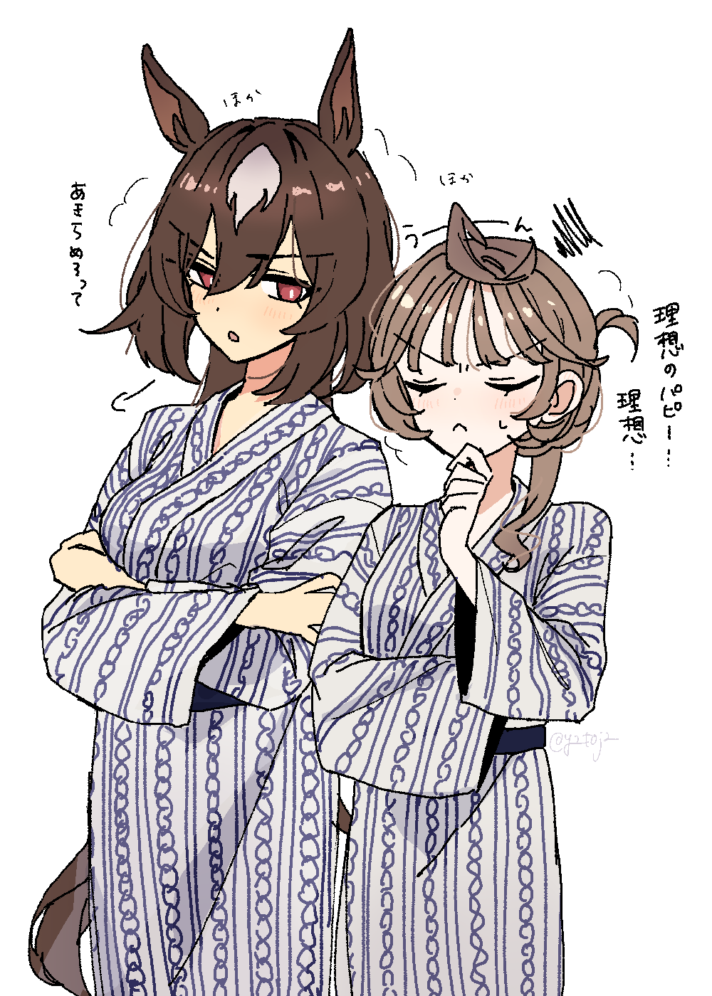 2girls animal_ears bath_yukata breasts brown_hair closed_eyes closed_mouth crossed_arms female_trainer_(umamusume) frown hand_on_own_chin highres horse_ears horse_girl horse_tail japanese_clothes kimono long_hair long_sleeves looking_at_another multiple_girls open_mouth puff_of_air red_eyes simple_background sirius_symboli_(umamusume) small_breasts squiggle standing stroking_own_chin sweatdrop tail toji_(y2toj2) trainer_(umamusume) translation_request umamusume v-shaped_eyebrows white_background yukata
