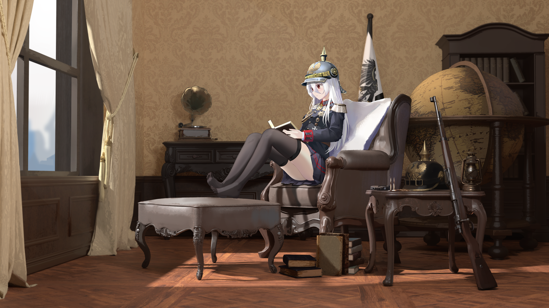 1girl black_thighhighs bolt_action book bookshelf bullet chair combat_helmet couch curtains cushion desk epaulettes full_body germany globe grey_hair gun handgun hat helmet highres holding indoors lantern long_hair long_sleeves map mauser_98 medal military military_uniform no_shoes on_chair original phonograph pickelhaube prussian_flag reading red_eyes rifle sitting skirt solo sunlight thighhighs uniform weapon white_hair window yinwhi