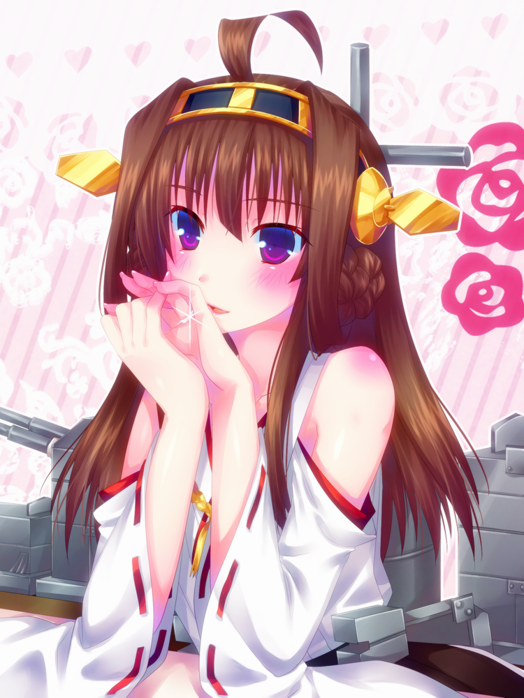 10s 1girl ahoge bad_id bad_pixiv_id blush brown_hair detached_sleeves door_to_heaven female_focus hairband japanese_clothes jewelry kantai_collection kongou_(kancolle) long_hair machinery nontraditional_miko open_mouth purple_eyes ring ship_turret solo wedding_band wedding_ring wide_sleeves