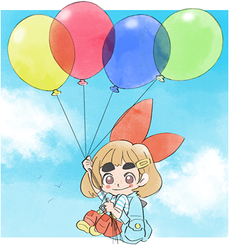1girl backpack bag balloon blue_sky bow brown_hair child cloud hair_bow hair_ornament hairclip looking_at_viewer lowres lulu_(warioware) nintendo official_art pants red_bow red_pants shoes sky smile takeuchi_kou thick_eyebrows third-party_source warioware warioware:_get_it_together! yellow_shoes