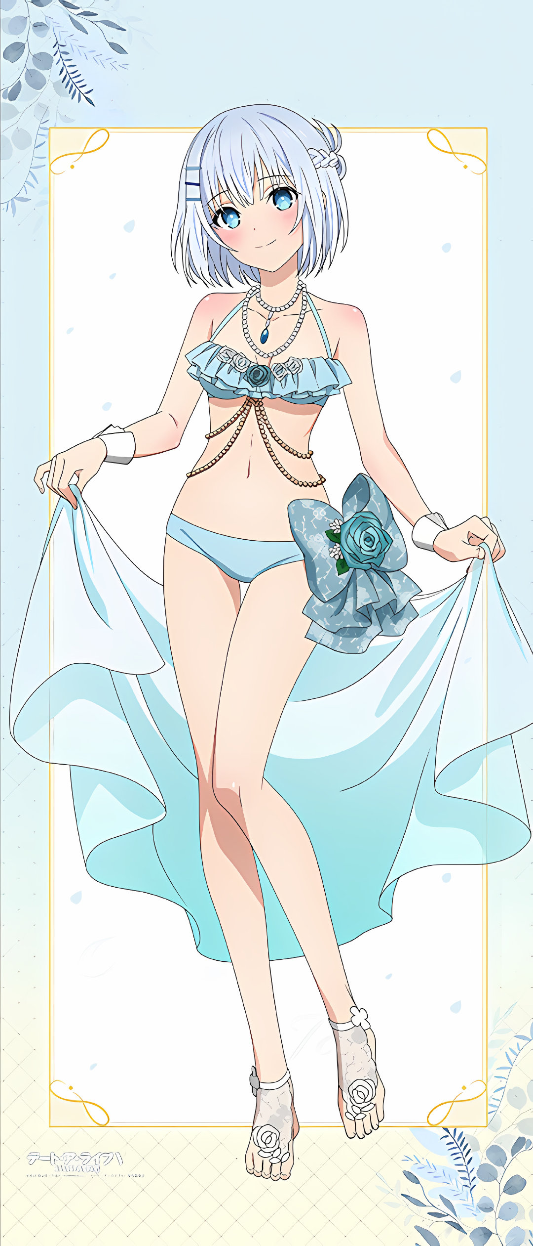 1girl absurdres bare_shoulders bead_necklace beads bikini blue_eyes braid breasts bridal_legwear date_a_live frilled_bikini frills full_body hair_ornament hairclip highres jewelry looking_at_viewer navel necklace official_alternate_costume official_art short_hair smile solo swimsuit third-party_source tobiichi_origami white_hair