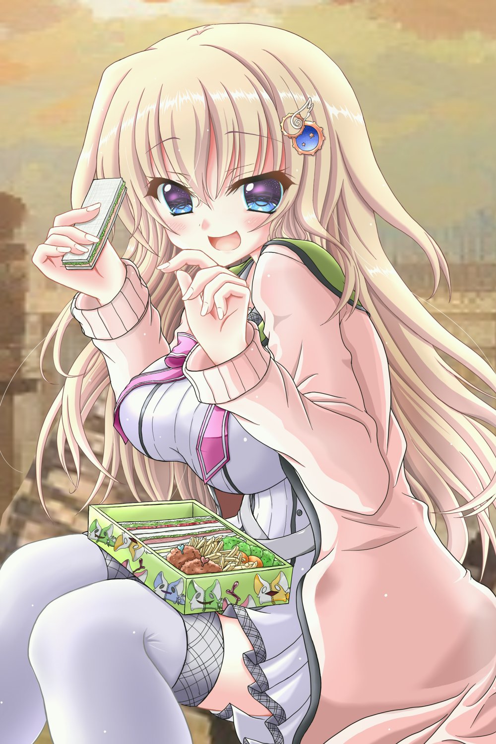 1girl 9-nine- :d belt bento blue_eyes blush bow breasts brown_hair cardigan character_print commentary dress eyes_visible_through_hair feet_out_of_frame food from_side gear_hair_ornament grey_belt hair_between_eyes hair_ornament hands_up happy highres holding holding_food holding_sandwich impossible_clothes jpeg_artifacts kujou_miyako large_breasts long_hair long_sleeves looking_at_viewer nineball0211 open_cardigan open_clothes open_mouth pink_bow pink_cardigan pleated_dress sandwich sitting smile solo sophitia star_(symbol) star_print thighhighs variant_set very_long_hair white_dress white_thighhighs wing_hair_ornament zettai_ryouiki