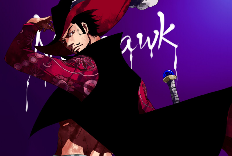 1boy beard black_hair character_name chinese_commentary closed_mouth commentary commentary_request dracule_mihawk eilinna english_commentary facial_hair hat hat_feather long_sleeves male_focus mixed-language_commentary mustache one_piece orange_eyes popped_collar purple_background short_hair simple_background solo sword weapon