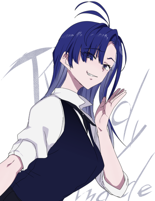 1girl ado_(utaite) ahoge black_ribbon blue_eyes blue_hair blue_vest breasts commentary_request eyes_visible_through_hair hand_up long_hair looking_at_viewer medium_breasts merry_(ado) neck_ribbon ohiyaglass open_mouth readymade_(ado) ribbon shirt simple_background solo three-quarter_sleeves vest white_background white_shirt