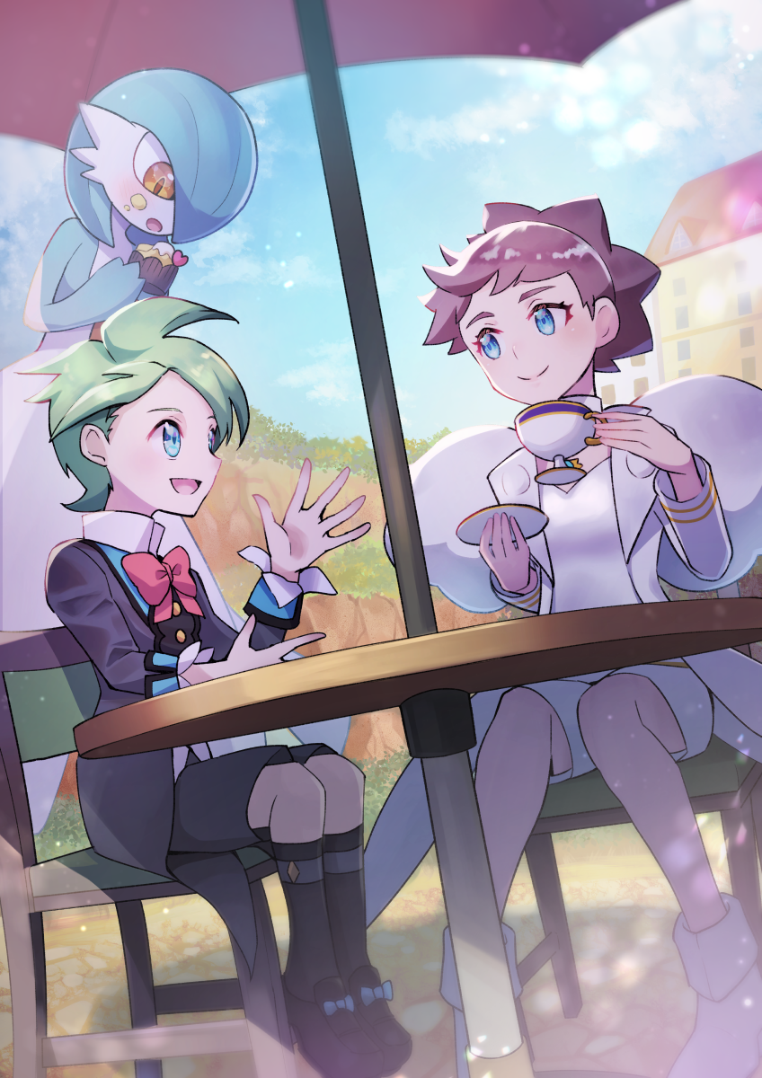 1boy 2girls alternate_color black_coat black_footwear black_shorts black_socks blue_bow blue_eyes blue_hair blue_skin blue_sky blush bob_cut boots bow bowtie brown_hair closed_mouth cloud coat colored_skin commentary_request cup cupcake day diantha_(pokemon) dutch_angle eye_contact flat_chest food footwear_bow full_body gardevoir gen_3_pokemon green_hair hair_over_one_eye hand_up hands_up happy heart highres holding holding_cup holding_food holding_saucer jumpsuit kneehighs legs_together long_sleeves looking_at_another looking_down multicolored_skin multiple_girls nintendo on_chair one_eye_covered open_clothes open_coat open_mouth orange_eyes outdoors pokemon pokemon_(creature) pokemon_masters_ex pokemon_xy red_bow red_bowtie saucer shiny_pokemon shoes short_hair short_jumpsuit shorts sitting sky smile socks split_mouth standing table tailcoat teacup two-tone_skin umbrella wally_(pokemon) wally_(sygna_suit)_(pokemon) white_coat white_footwear white_jumpsuit white_skin zeroki_(izuno)