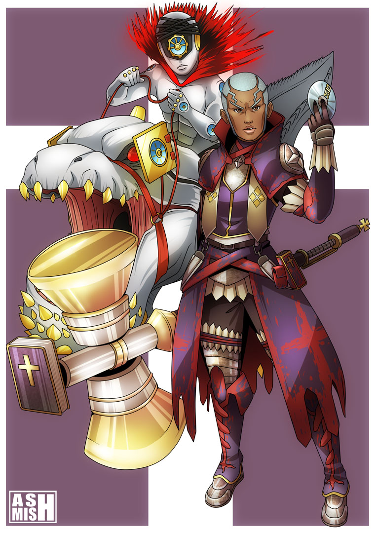 2boys armor ashmish bible_(object) capcom cosplay crossover dark-skinned_male dark_skin deviljho enrico_pucci hammer horse jojo_no_kimyou_na_bouken made_in_heaven_(stand) monster_hunter_(series) multiple_boys short_hair stand_(jojo) stone_ocean very_short_hair white_hair