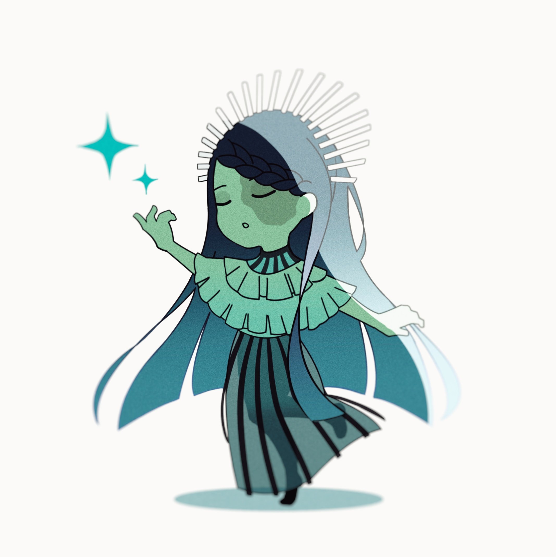 1girl ado_(utaite) blue_hair braid chibi chibi_only closed_eyes commentary_request gira-gira-chan_(ado) gira_gira grey_skirt hand_up highres long_hair open_mouth pike_(azas_ef) simple_background skirt solo sparkle very_long_hair white_background