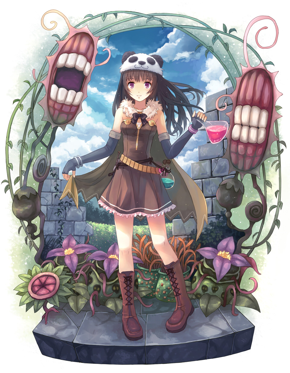 1girl alchemist_(ragnarok_online) bracelet brown_hair cape cloud detached_sleeves dress erlenmeyer_flask female_focus flask flower fur_trim highres jewelry panda_hat plant purple_eyes ragnarok_online sky smile solo vines yakka