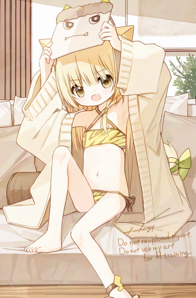 1girl animal_ears animal_print barefoot bikini blonde_hair cat_ears cat_girl commentary_request criss-cross_halter flat_chest halterneck indoors leopard_print leopard_print_bikini long_hair long_sleeves looking_at_viewer navel open_mouth original setsubun side-tie_bikini_bottom solo swimsuit toes waka_(yuuhagi_(amaretto-no-natsu)) yellow_eyes yuuhagi_(amaretto-no-natsu)
