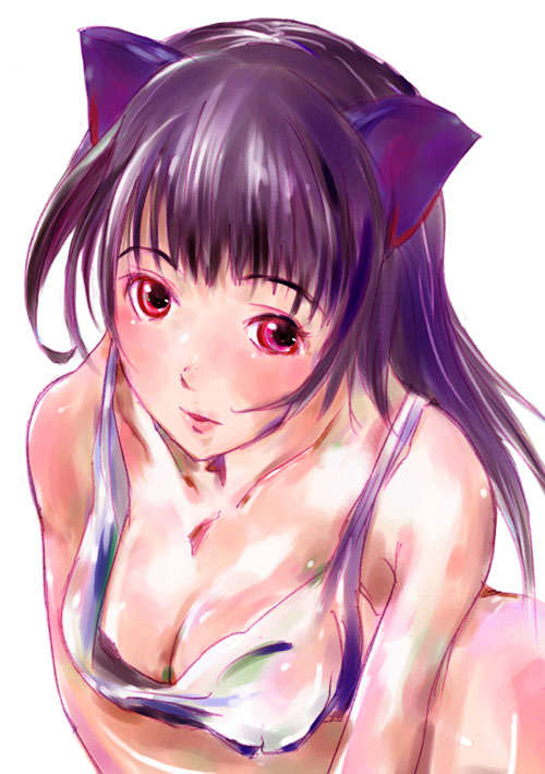 1girl animal_ears bare_shoulders blush breasts cat_ears cat_girl cleavage female_focus kokeshi_men lips medium_breasts original pink_eyes purple_hair red_eyes simple_background solo tagme white_background