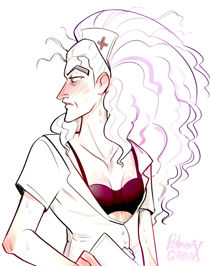 1girl blush bra breasts clipboard doctor flat_chest green_eyes hat lingerie marvel nurse nurse_cap olivia_octavius palmergranax spider-man:_into_the_spider-verse spider-man_(series) spider-verse stray_hair sweat unbuttoned unbuttoned_shirt underwear
