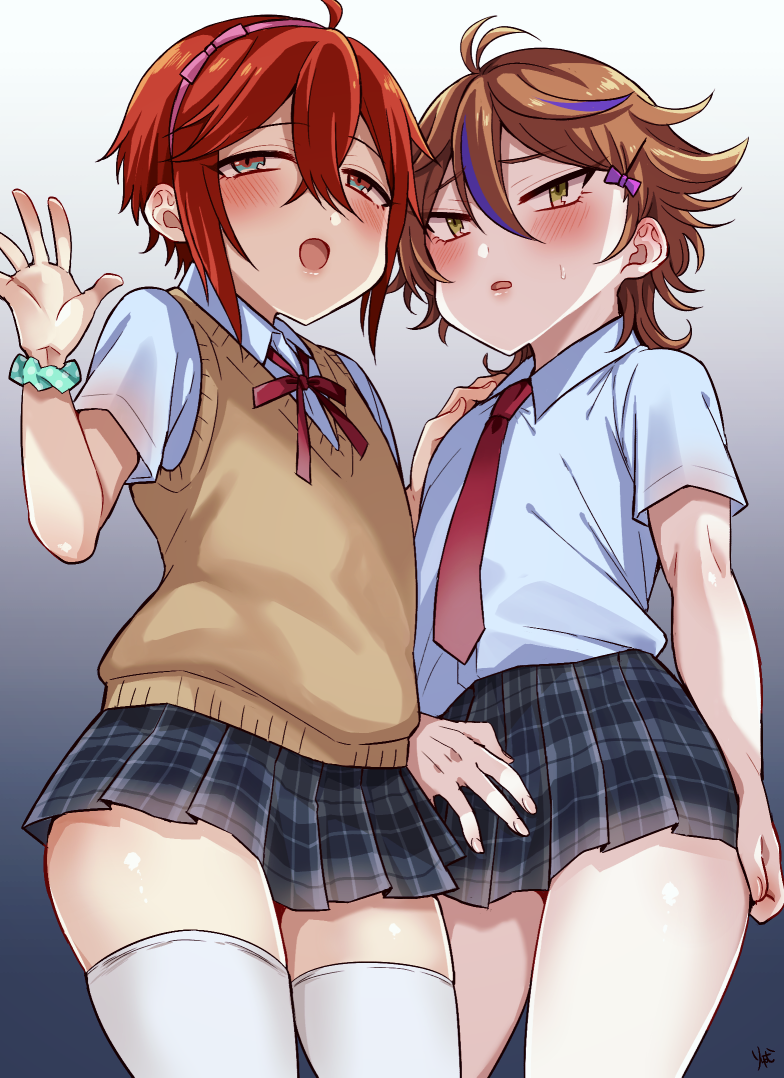 2boys ahoge aina123 bad_id bad_pixiv_id blue_eyes blue_hair blush bow brown_hair brown_vest collared_shirt crossdressing dress_shirt flipped_hair gotou_toushirou gradient_hair green_eyes hair_between_eyes hair_bow hairband hand_on_another&#039;s_shoulder male_focus miniskirt multicolored_hair multiple_boys necktie open_mouth pink_hairband pleated_skirt purple_bow red_hair red_neckwear school_uniform scrunchie shinano_toushirou shirt short_hair short_sleeves skirt smile streaked_hair thighhighs thighs touken_ranbu trap vest waving white_legwear white_shirt wrist_scrunchie zettai_ryouiki