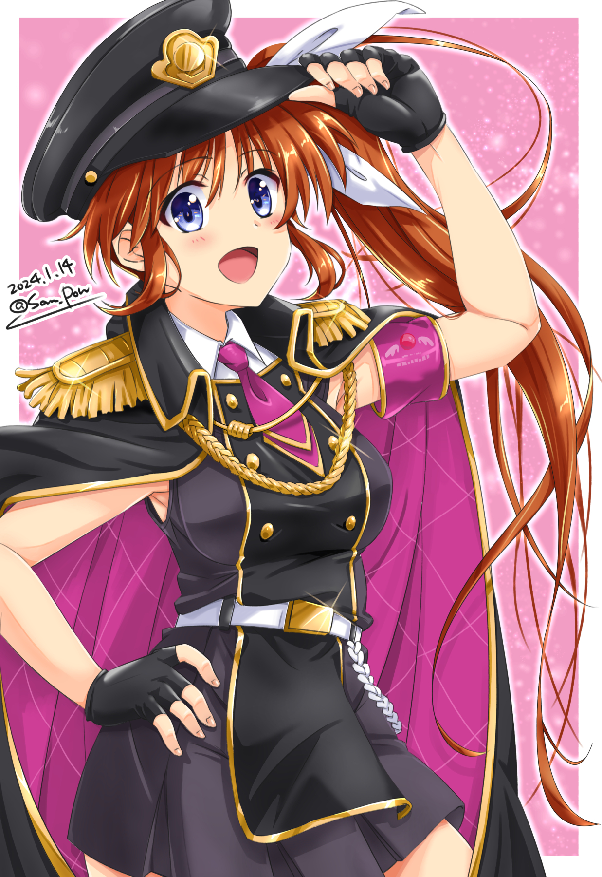 1girl armpit_peek black_gloves blue_eyes blush breasts brown_hair dated fingerless_gloves gloves hand_on_own_hip hat highres large_breasts long_hair looking_at_viewer lyrical_nanoha lyrical_store mahou_shoujo_lyrical_nanoha_strikers military_hat necktie open_mouth pink_background pink_necktie ponytail san-pon signature simple_background sleeveless smile solo takamachi_nanoha