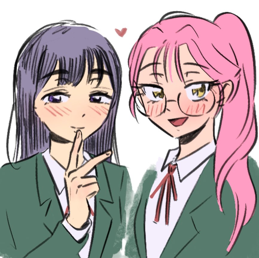 2girls alien_stage black_hair blazer blush closed_mouth collared_shirt commentary english_commentary finger_to_mouth glasses green_jacket heart high_ponytail jacket long_hair mizi_(alien_stage) motii multiple_girls neck_ribbon open_mouth pink_hair ponytail purple_eyes red_ribbon ribbon round_eyewear school_uniform shirt smile sua_(alien_stage) white_shirt yellow_eyes