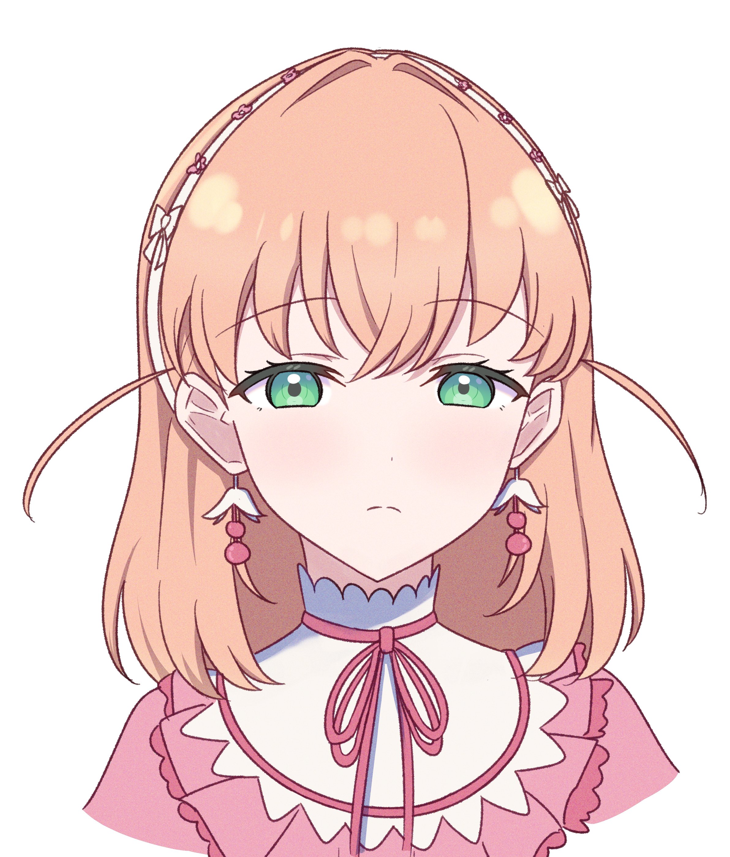 1girl absurdres aqua_eyes closed_mouth commentary cropped_torso crossed_bangs dress earrings flower_earrings frilled_dress frills frown half-closed_eyes highres hinoshita_kaho jealous jewelry link!_like!_love_live! looking_at_viewer love_live! medium_hair neck_ribbon orange_hair pink_dress pink_ribbon reason3_s reflection_in_the_mirror_(love_live!) ribbon simple_background solo split_mouth two_side_up virtual_youtuber white_background