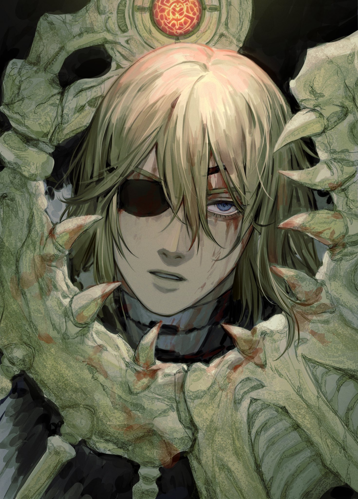 1boy aymr_(fire_emblem) blonde_hair blood blood_on_face blue_eyes dimitri_alexandre_blaiddyd dimitri_alexandre_blaiddyd_(timeskip) eyepatch fire_emblem fire_emblem:_three_houses highres leedare614 long_hair looking_at_viewer nintendo open_mouth solo