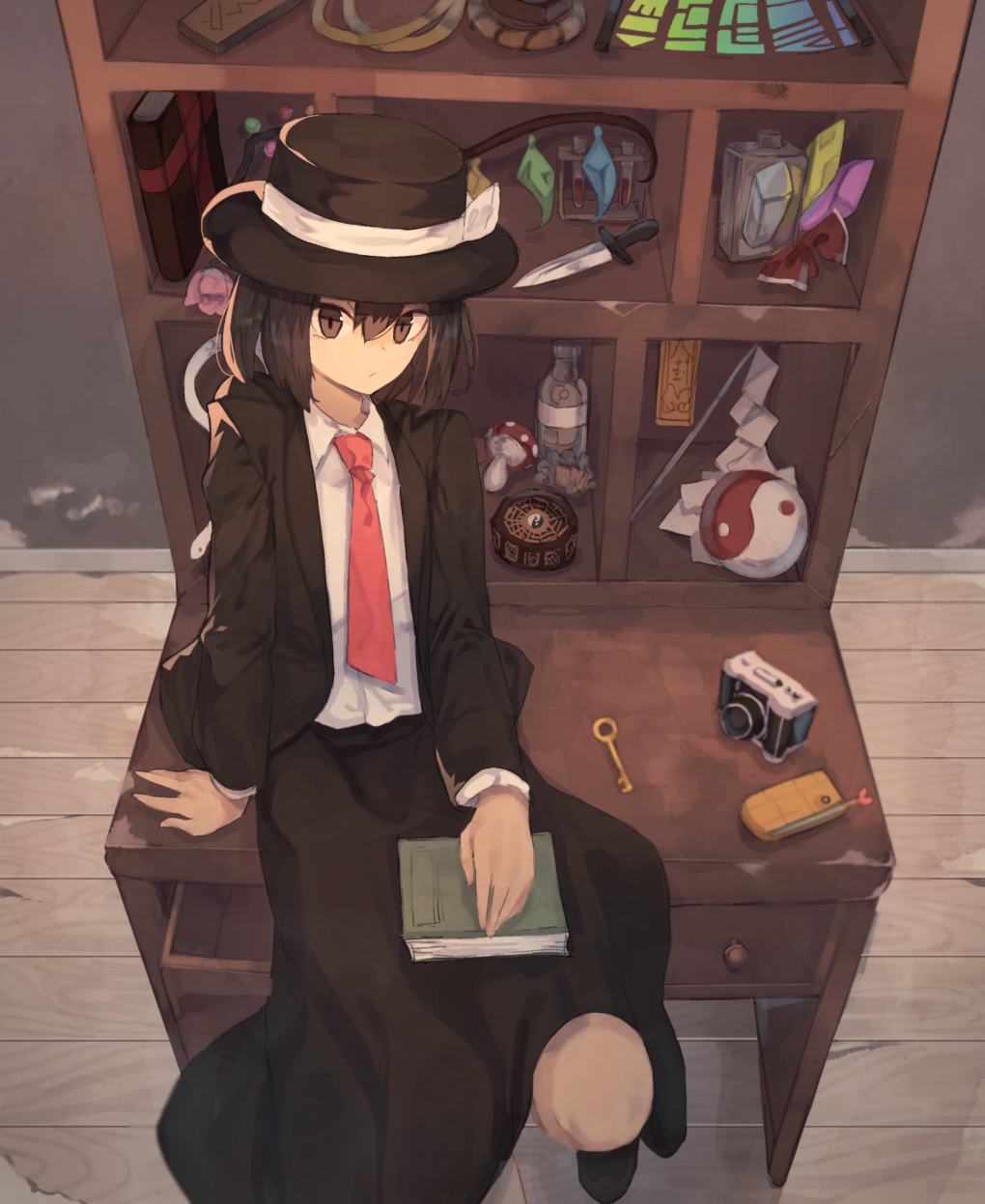 1girl arm_support bad_id bad_pixiv_id black_eyes black_hair black_skirt book bottle branch camera cellphone closed_mouth commentary_request crystal desk fedora female_focus gohei grimoire_of_alice hair_between_eyes hat hat_ribbon highres jacket jeweled_branch_of_hourai key knife long_sleeves looking_at_viewer mini-hakkero mushroom necktie ofuda on_desk oonusa orb phone red_necktie ribbon ritual_baton shirt sitting skirt solo sorcerer&#039;s_sutra_scroll suit_jacket suminagashi test_tube touhou usami_renko white_shirt yin_yang yin_yang_orb