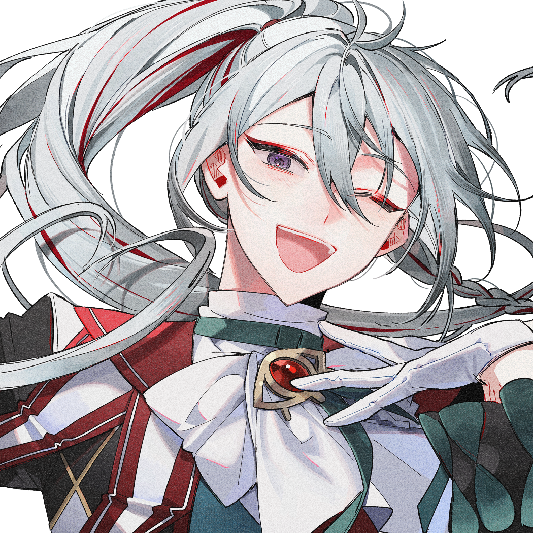 1boy anight ensemble_stars! eyeshadow gloves hibiki_wataru high_collar high_ponytail long_hair looking_at_viewer makeup male_focus multicolored_hair one_eye_closed open_mouth ponytail purple_eyes red_brooch red_eyeshadow simple_background smile solo streaked_hair teeth upper_body upper_teeth_only white_background white_gloves white_hair