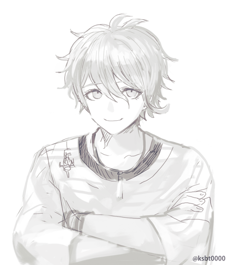1boy amami_rantaro closed_mouth collarbone crossed_arms danganronpa_(series) danganronpa_v3:_killing_harmony hair_between_eyes hajime_(gitoriokawaii) jewelry long_sleeves looking_at_viewer male_focus messy_hair monochrome necklace piercing shirt short_hair simple_background sketch smile solo striped_clothes striped_shirt twitter_username upper_body white_background