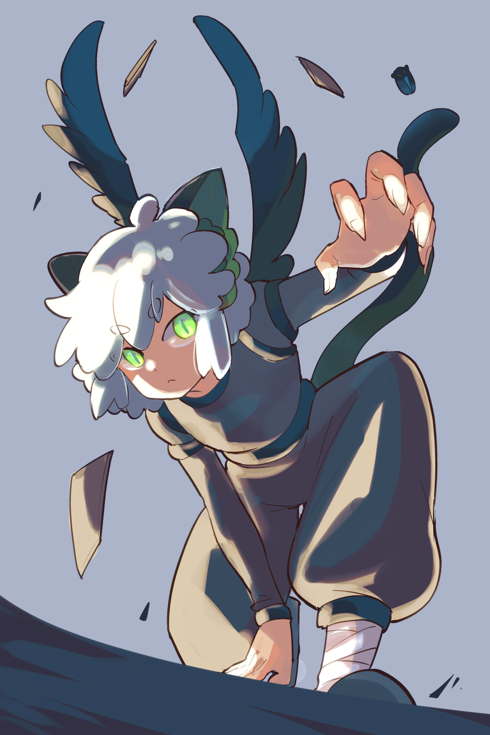 1boy animal_ears arm_up bandaged_ankle bent_over black_pants black_shirt black_tail black_wings cat_boy cat_ears cat_tail closed_mouth debris dynamic_pose feathered_wings fighting_stance fingernails foreshortening full_body glowing glowing_eyes green_eyes grey_background ground_shatter hand_on_floor highres light_frown long_sleeves luo_xiaohei luo_xiaohei_(human) luo_xiaohei_zhanji male_focus mersey on_one_knee pants sharp_fingernails shirt short_hair sidelocks simple_background slit_pupils solo tail white_hair wings