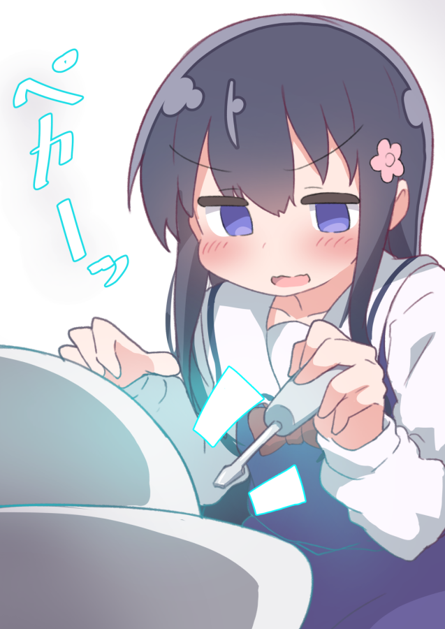 1girl black_hair blue_dress blue_eyes blush bow bowtie cherenkov_radiation child collarbone commentary demon_core dress flower glowing hair_flower hair_ornament hatafuta holding holding_screwdriver imminent_death long_sleeves looking_at_object looking_down open_mouth pink_flower plutonium red_bow red_bowtie sailor_collar sailor_dress school_uniform screwdriver shirosaki_hana shirt simple_background sleeveless sleeveless_dress solo sound_effects translation_request watashi_ni_tenshi_ga_maiorita! wavy_mouth white_background white_sailor_collar white_shirt
