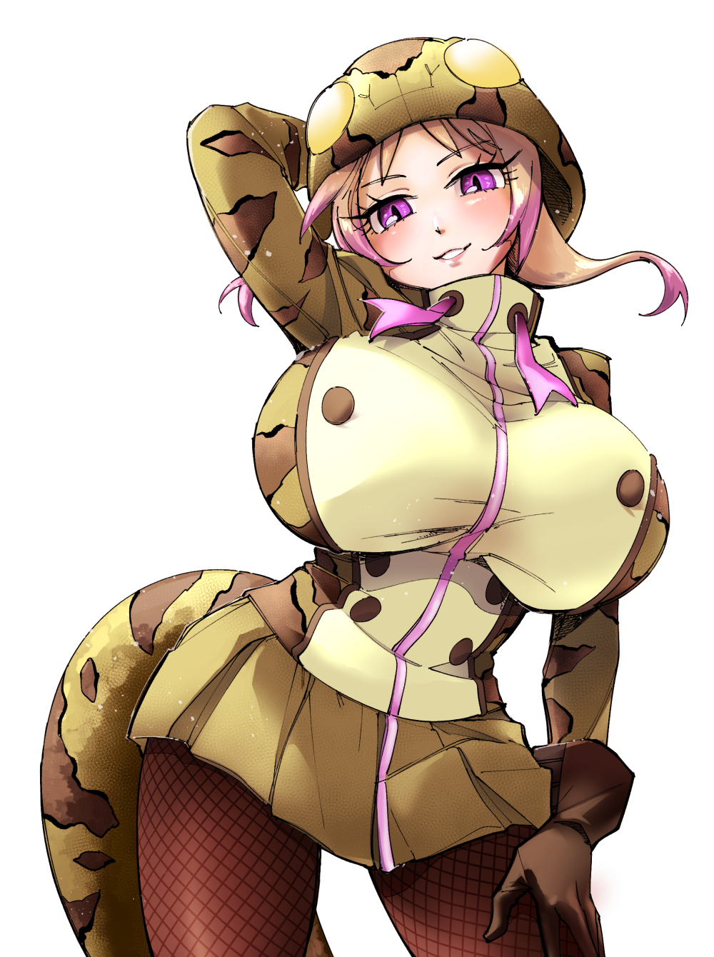 1girl african_rock_python_(kemono_friends) animal_print blonde_hair blush_stickers breasts chibi cowboy_shot drawstring gloves grin hand_up highres hood hood_up huge_breasts jacket kemono_friends kemono_friends_3 long_hair long_sleeves looking_at_viewer microskirt multicolored_hair outline pantyhose pink_eyes pink_hair pleated_skirt print_jacket skirt slit_pupils smile snake_print snake_tail solo tail tsurime twintails two-tone_hair wide_hips yokuko_zaza