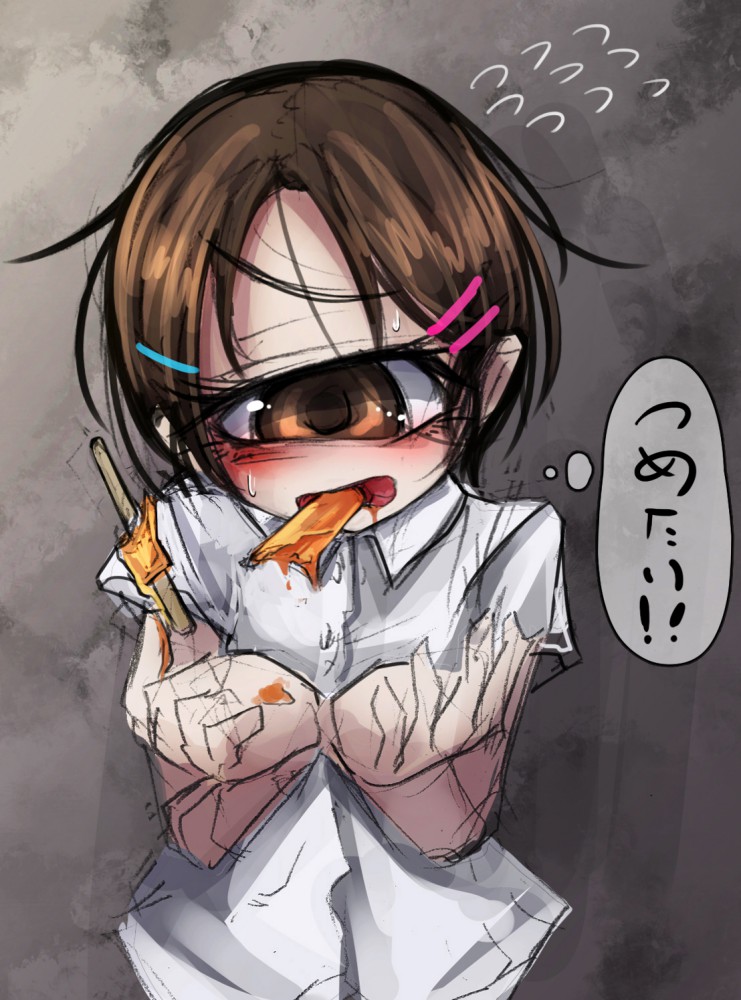 1girl brown_eyes brown_hair cupping_hands cyclops dripping female_focus flying_sweatdrops food hair_ornament hairclip hitomebore mouth_hold official_art one-eyed own_hands_together popsicle ray-k shirt short_hair short_sleeves sketch solo speech_bubble sweat thought_bubble usui_sachi white_shirt