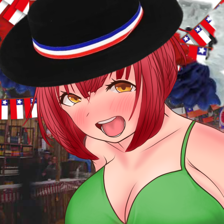 1girl :d bikini black_hat blush breasts celebration chile chilean_flag cleavage flag green_bikini happy hat ibispaint_(medium) looking_at_viewer open_mouth orange_eyes original party red_hair sarywaifu sarywapo self-upload short_hair short_hair_with_long_locks smile solo swimsuit teeth upper_body